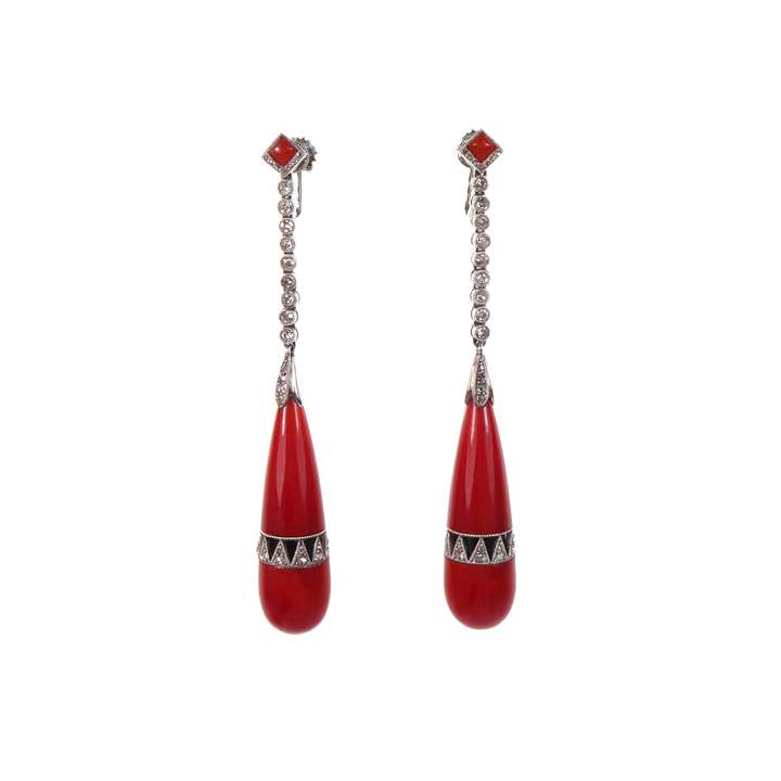 Pair of Art Deco carved corallium rubrum drop, onyx and diamond pendant earrings